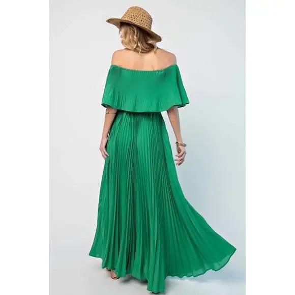 Easel Lily Pleated Maxi Dress In Kelly Green size L - Picture 3 of 6